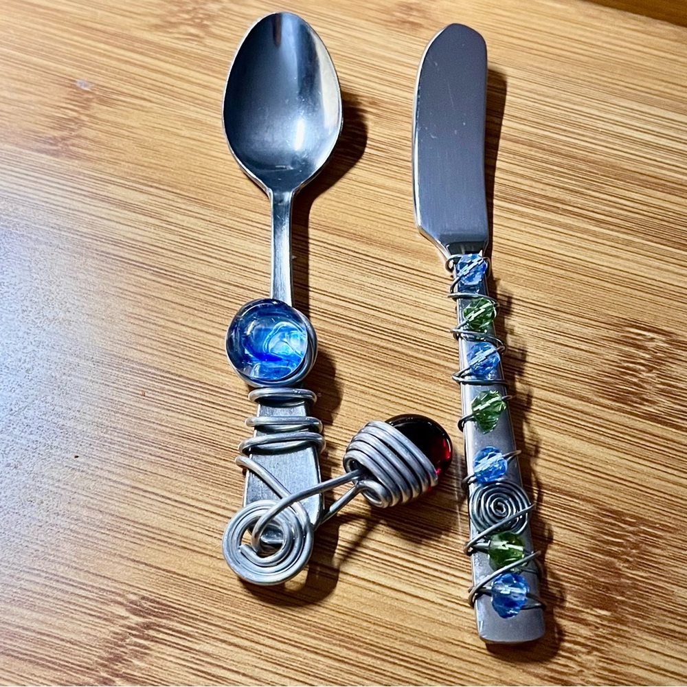 Wire & Bead Wrapped Stainless Steel Flatware Condiment Spoon Butter/Spread Knife
